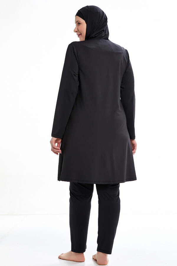 Remsa Swimwear Large Size Tulle Front Cover Pareo Hijab Black and White Honeycomb Pattern Swimsuit Adasea 4377 Black - Thumbnail