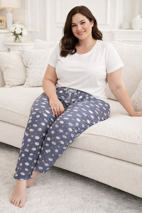 Big Size Viscose Knit Gauze Pajama Bottom Set 01 Grey - Thumbnail