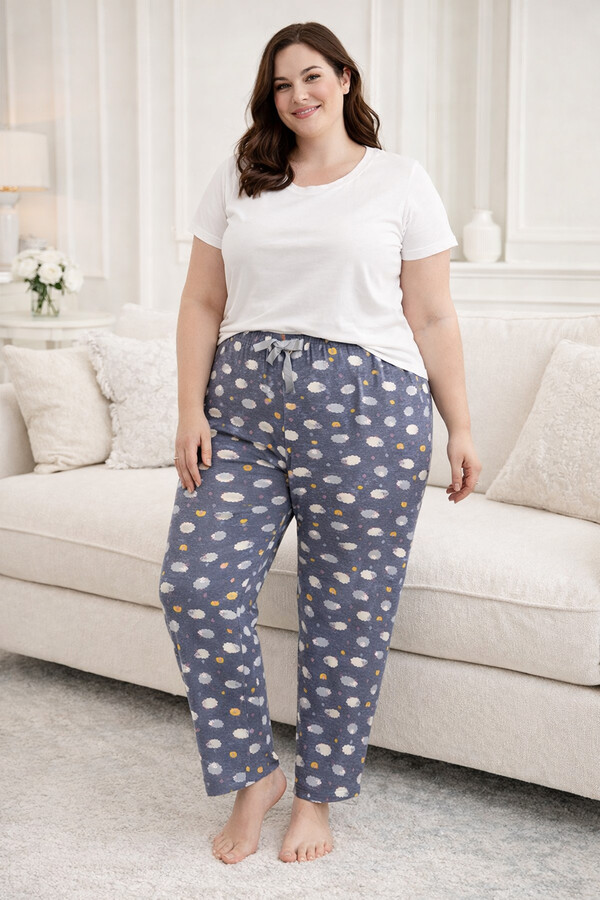 Big Size Viscose Knit Gauze Pajama Bottom Set 01 Grey - Thumbnail