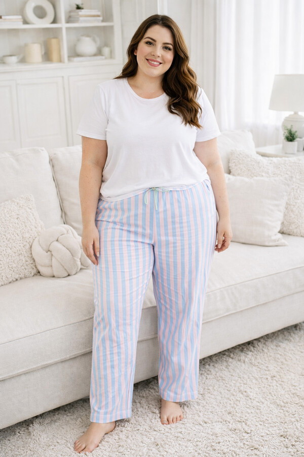 Big Size Viscose Knit Lace Battal Pajama Bottom 14 Pink01 - Thumbnail