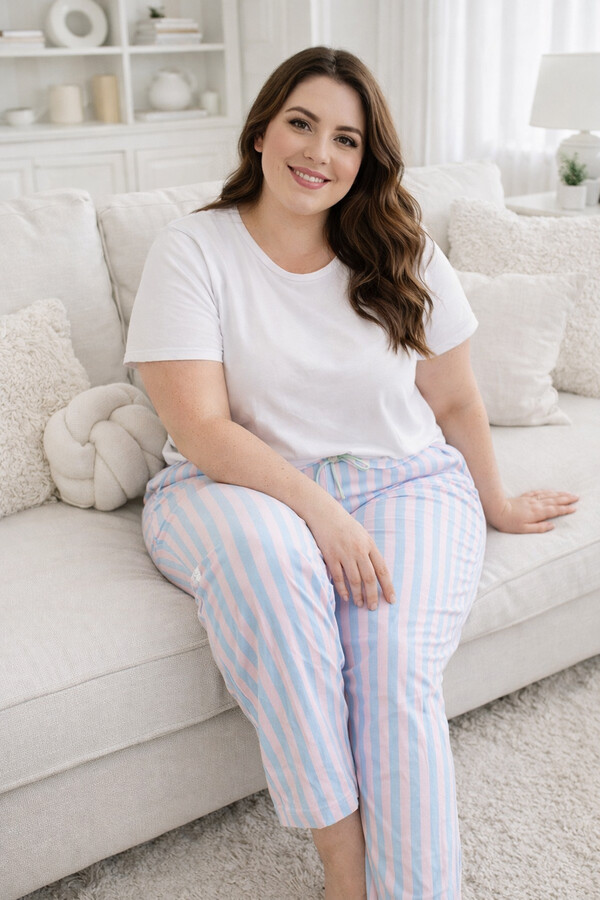 Big Size Viscose Knit Lace Battal Pajama Bottom 14 Pink01 - Thumbnail