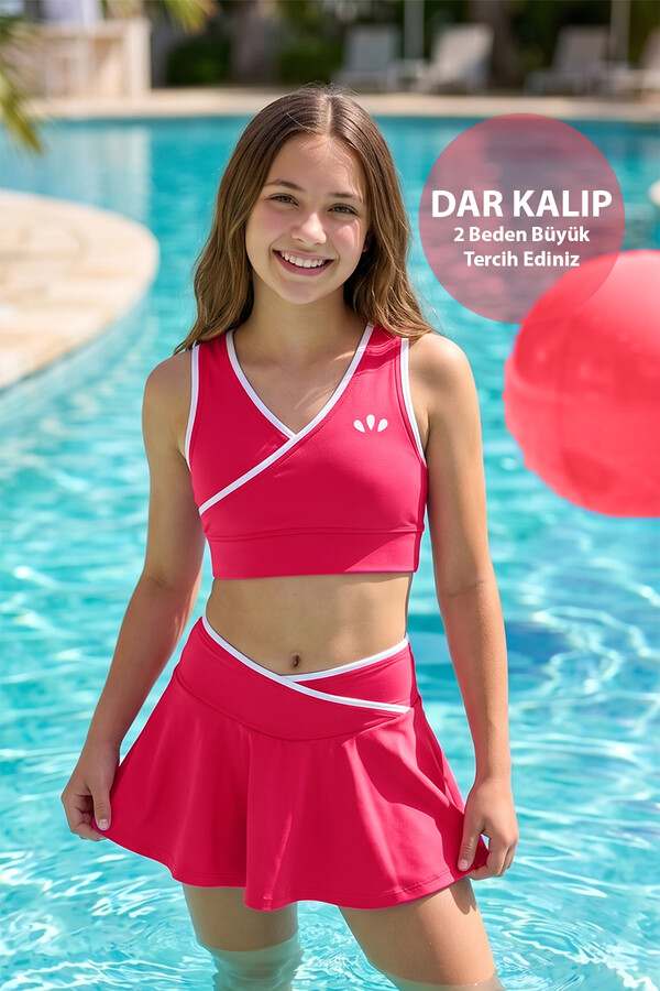 Haliç Mayo - Biye Detaylı Sıfır Kol Üst Şortlu Etekli Kız Çocuk Yüzücü Mayo 26607 Neon Pembe