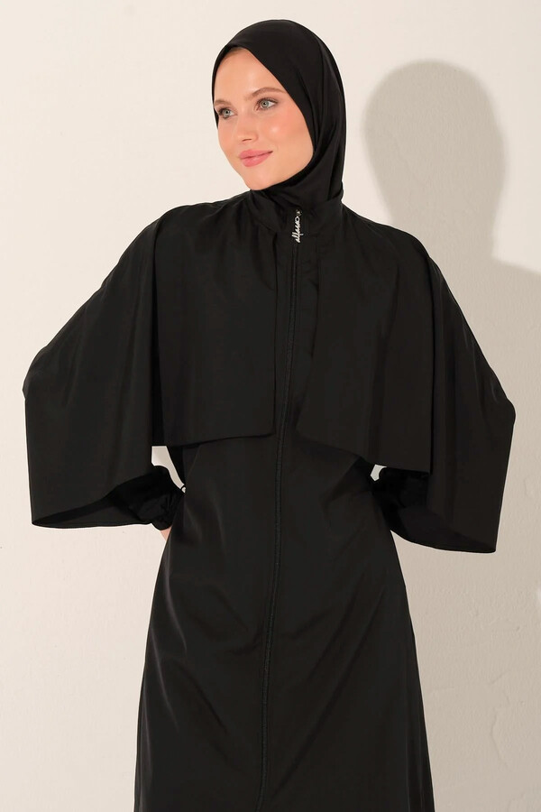 Black Full-Cover Modest Swimsuit with Hood - Thumbnail