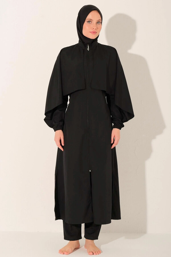 Black Full-Cover Modest Swimsuit with Hood - Thumbnail
