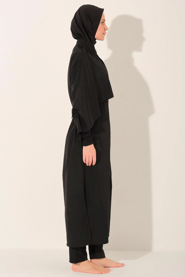 Black Full-Cover Modest Swimsuit with Hood - Thumbnail