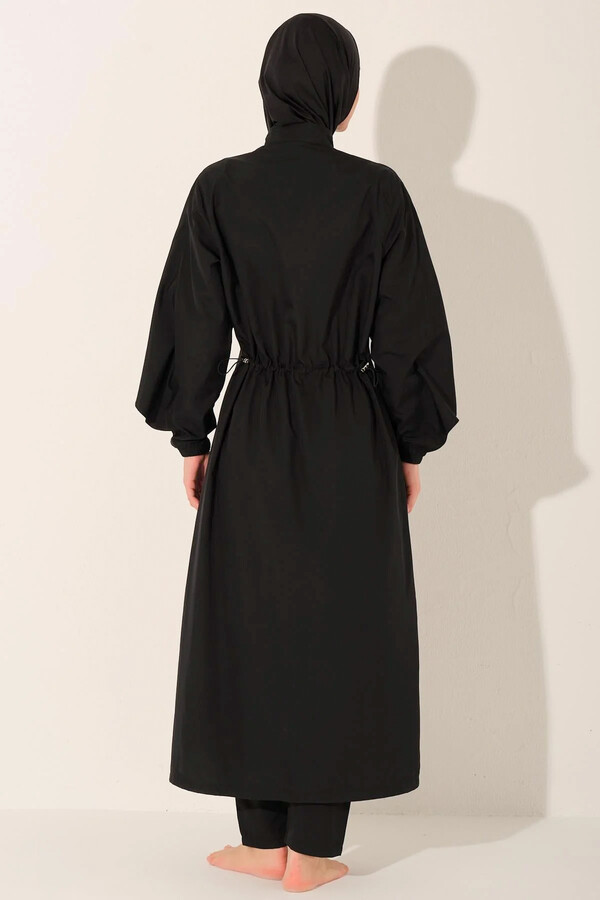 Black Full-Cover Modest Swimsuit with Hood - Thumbnail