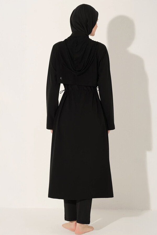Black Full-Cover Swimsuit with Hood Detail - Thumbnail