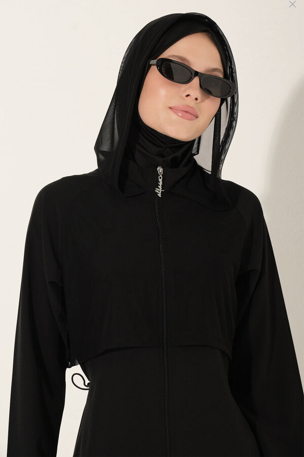 Black Full-Cover Swimsuit with Hood Detail - Thumbnail