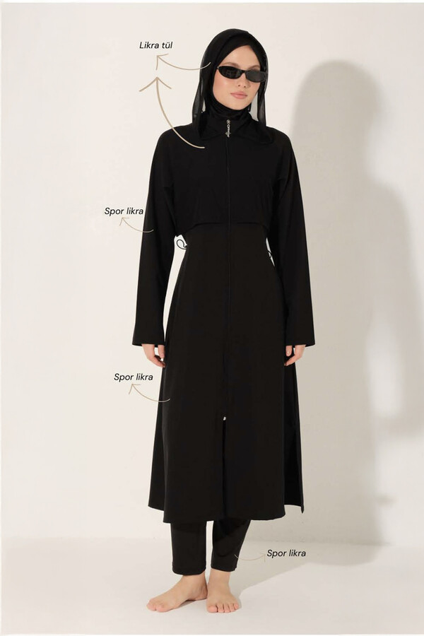 Black Full-Cover Swimsuit with Hood Detail - Thumbnail