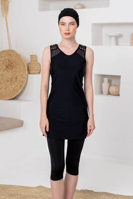 Adasea - Black Full-Cover Swimsuit Set with Stud Embellishments | Model 1626