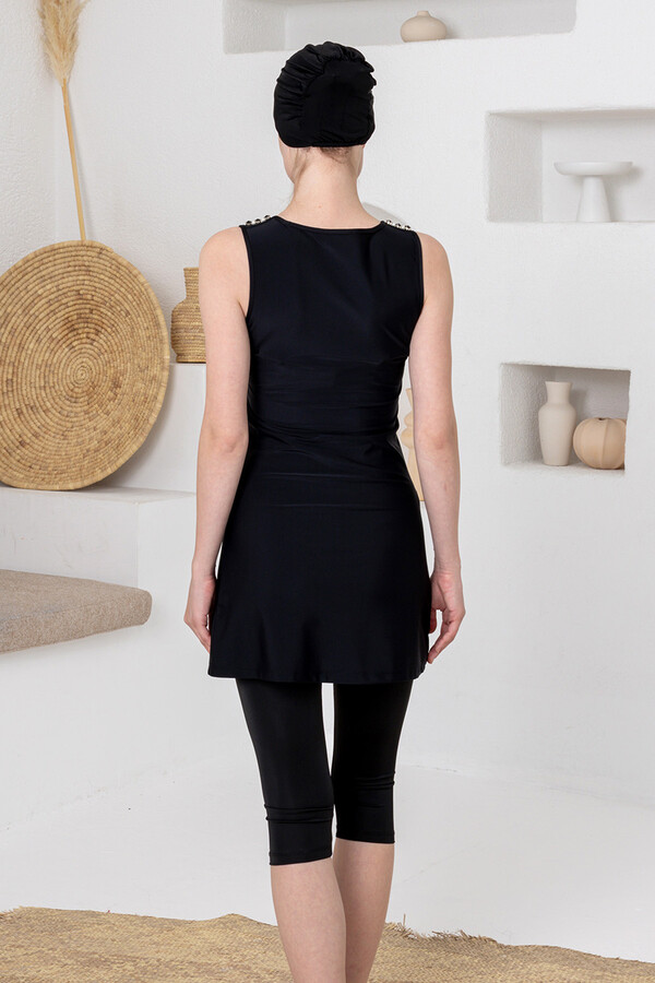 Black Full-Cover Swimsuit Set with Stud Embellishments | Model 1626 - Thumbnail