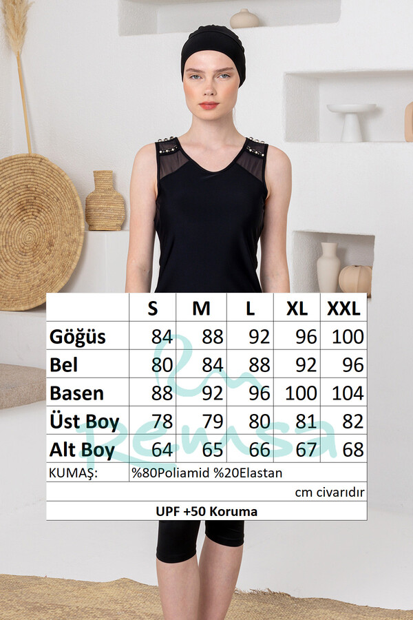 Black Full-Cover Swimsuit Set with Stud Embellishments | Model 1626 - Thumbnail