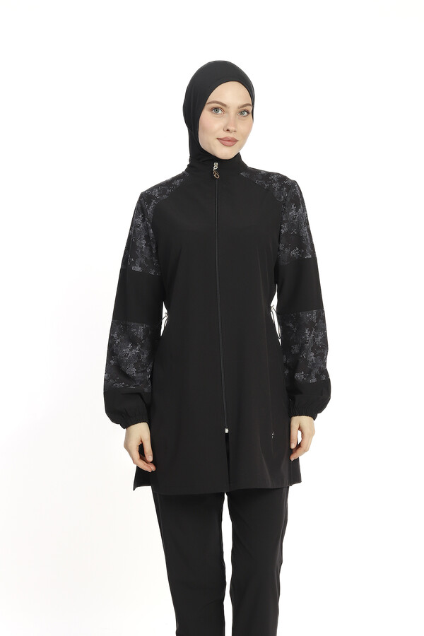 Black Full-Cover Swimwear Set with Tunic and Swim Cap - Thumbnail