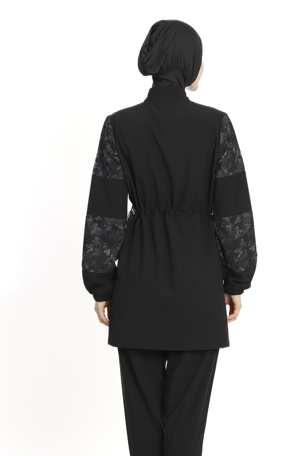 Black Full-Cover Swimwear Set with Tunic and Swim Cap - Thumbnail
