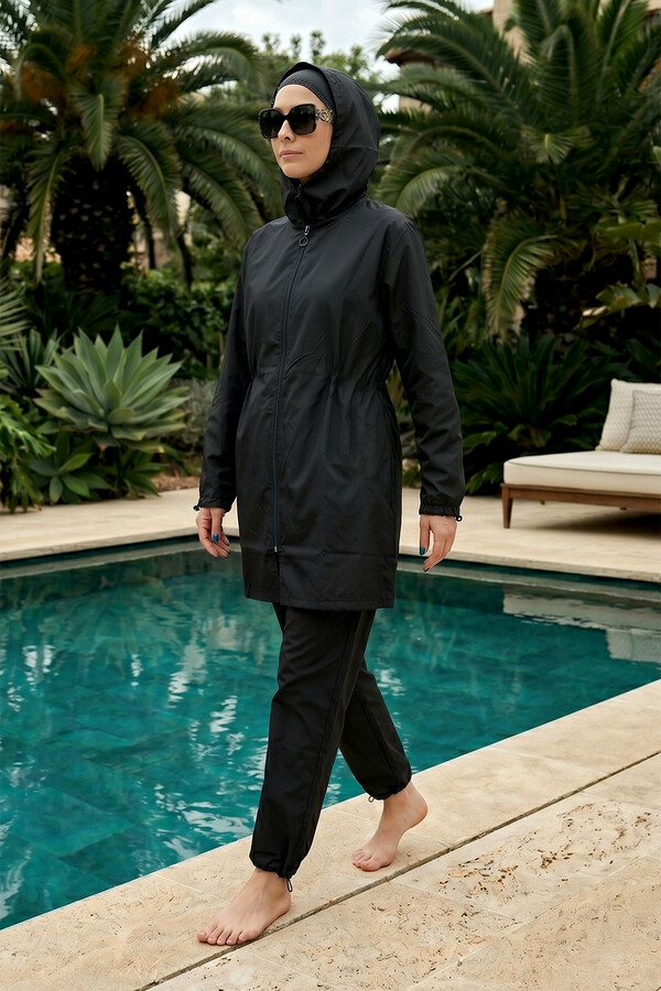 Black Full-Cover Swimwear Three-Piece Set - Thumbnail