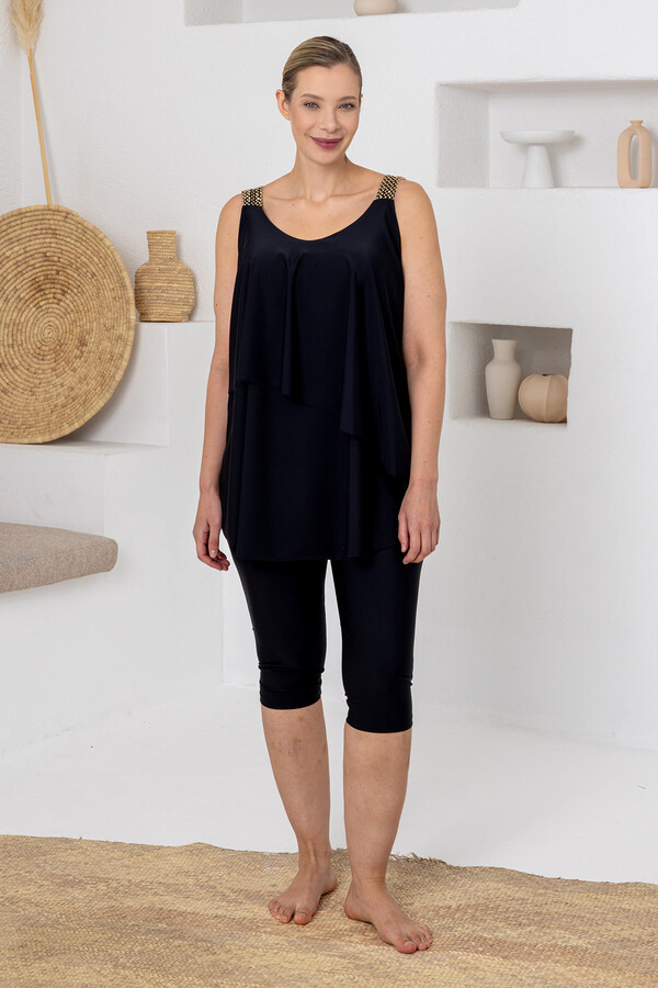 Black Half-Covered Lycra Swimsuit Set with Bustier Detail 1813 - Thumbnail