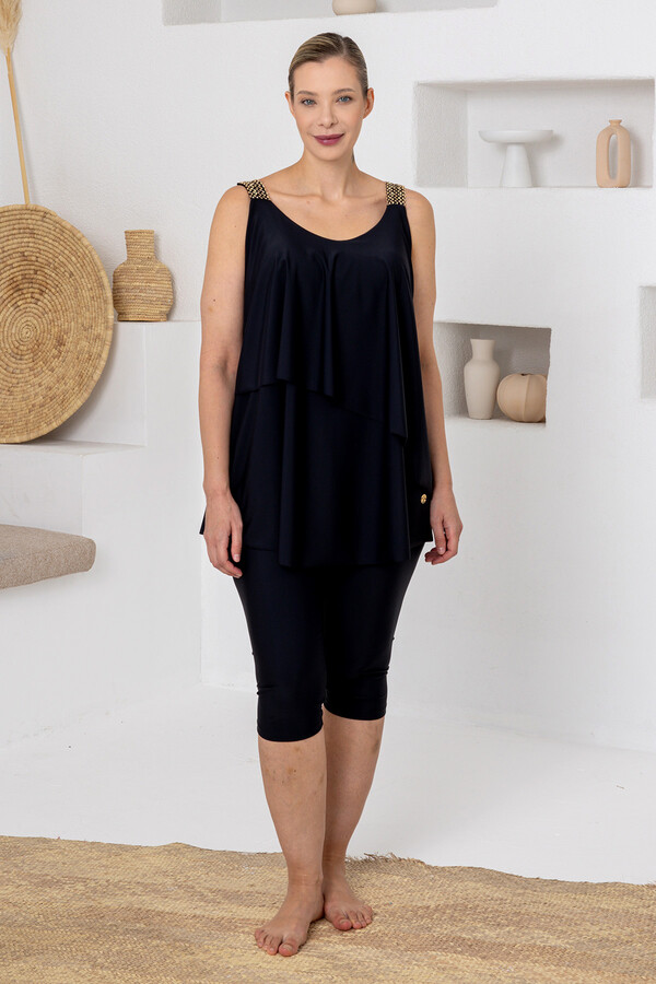 Black Half-Covered Lycra Swimsuit Set with Bustier Detail 1813 - Thumbnail