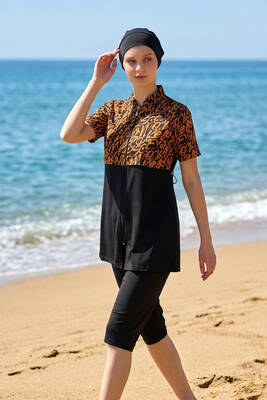 Haliç Mayo - Black Leopard Print Sport Lycra Half-Covered Swimsuit Set 6643