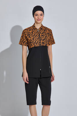 Haliç Mayo - Black Leopard Print Sport Lycra Half-Covered Swimsuit Set 6643 (1)