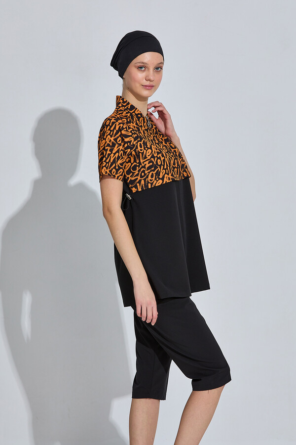 Black Leopard Print Sport Lycra Half-Covered Swimsuit Set 6643 - Thumbnail