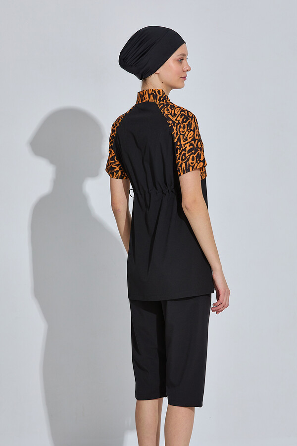 Black Leopard Print Sport Lycra Half-Covered Swimsuit Set 6643 - Thumbnail