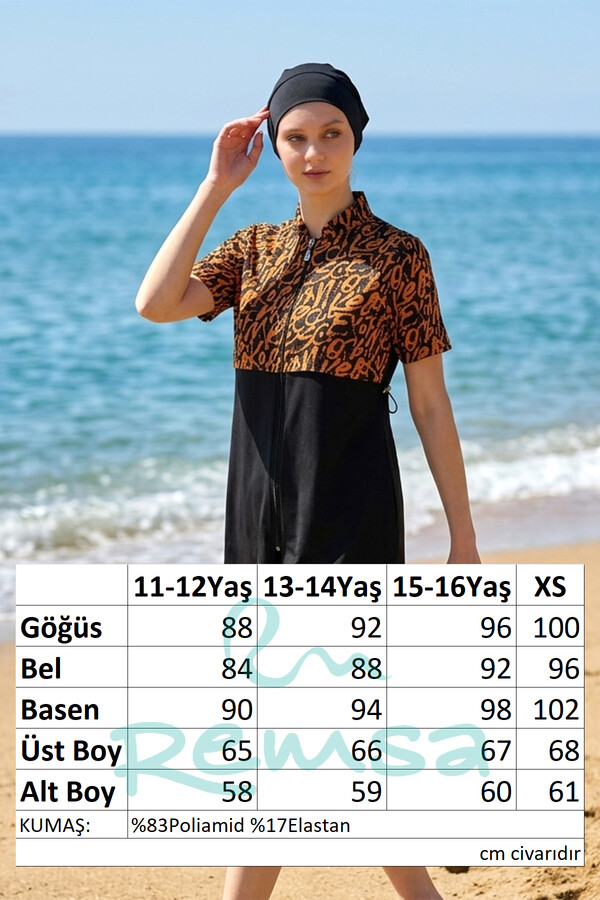 Black Leopard Print Sport Lycra Half-Covered Swimsuit Set 6643 - Thumbnail