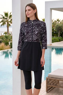 Haliç Mayo - Black Long Sleeve Lycra Tights Half-Covered Swimsuit Set 2311