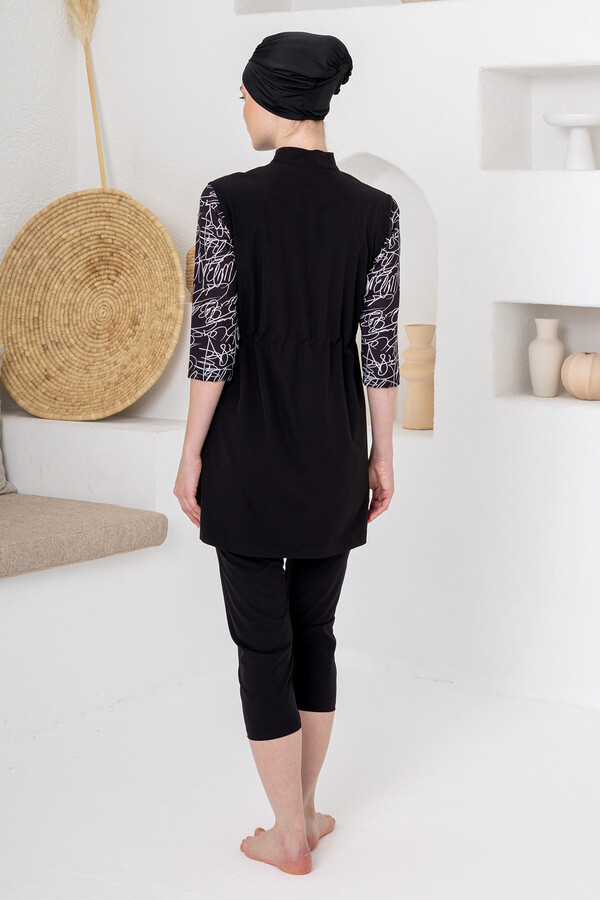 Black Long Sleeve Semi-Covered Sport Lycra Swimsuit Set 1603 - Thumbnail