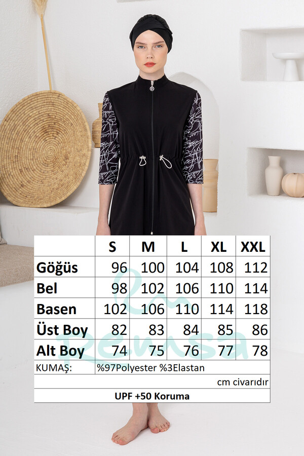 Black Long Sleeve Semi-Covered Sport Lycra Swimsuit Set 1603 - Thumbnail