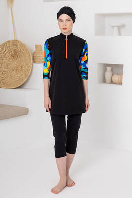 Adasea - Black Long-Sleeve Semi-Covered Swimsuit Set with Supportive Bustier 1606 (1)