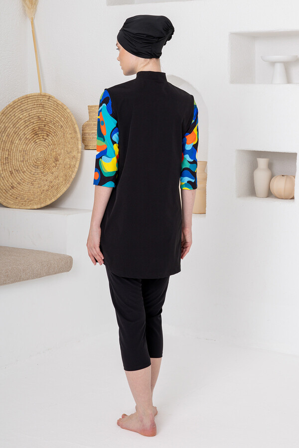 Black Long-Sleeve Semi-Covered Swimsuit Set with Supportive Bustier 1606 - Thumbnail