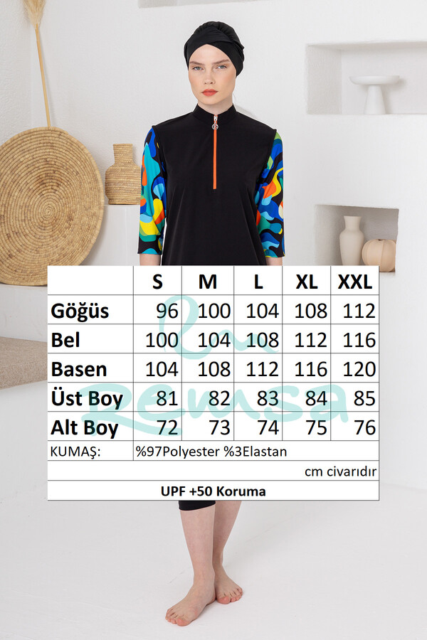 Black Long-Sleeve Semi-Covered Swimsuit Set with Supportive Bustier 1606 - Thumbnail