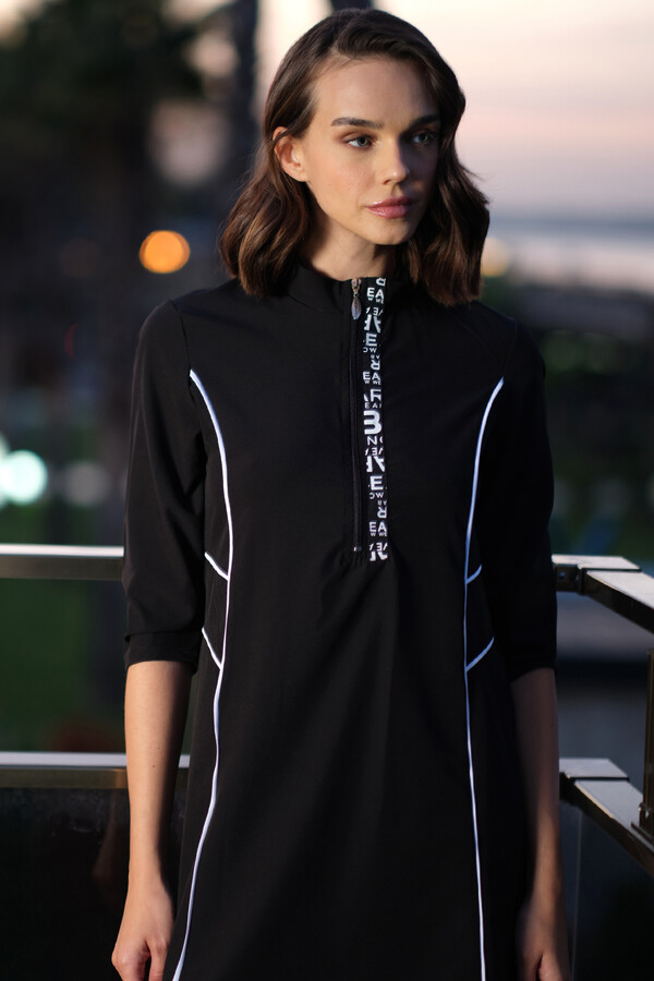 Black Long Sleeve Tights Sport Lycra Half-Covered Swimsuit Set 3421 - Thumbnail