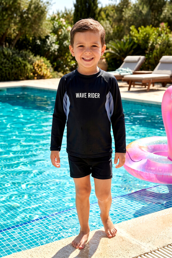 Black Long-Sleeved Modest Swimsuit for Boys - Thumbnail