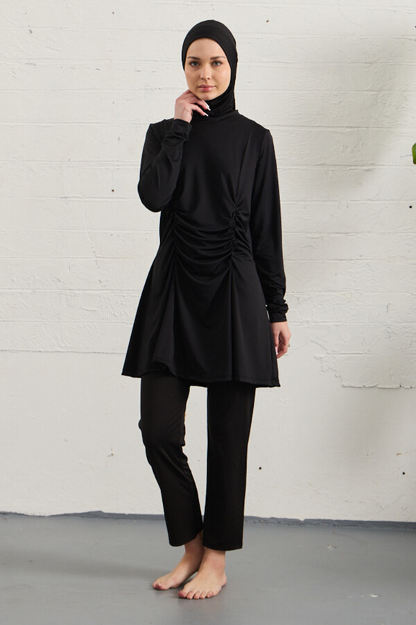 Black Lycra Full Cover Modest Swimsuit Set 1429-01 - Thumbnail
