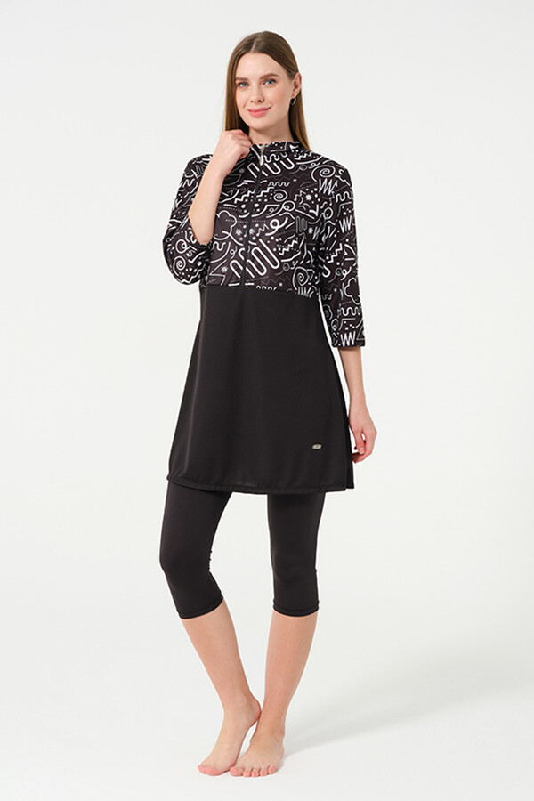 Black Lycra Half-Covered Swimsuit Set with Tights and Long Sleeves 2311 - Thumbnail