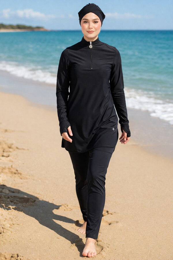 Black Lycra Half-Zipper Wristlet Detail Full Cover Modest Swimsuit Set 6174 - Thumbnail