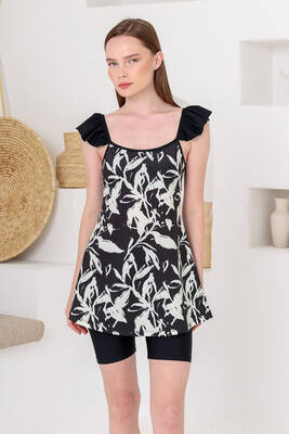 Adasea - Black Lycra Long-Sleeve Semi-Covered Swimsuit Set 1623