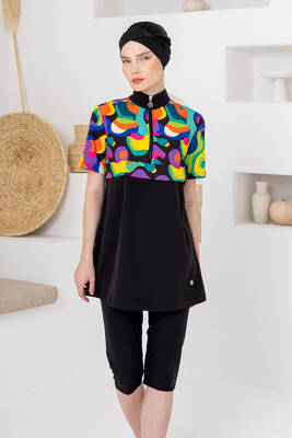 Adasea - Black Lycra Short Sleeve Semi-Covered Modest Swimsuit Set 1609