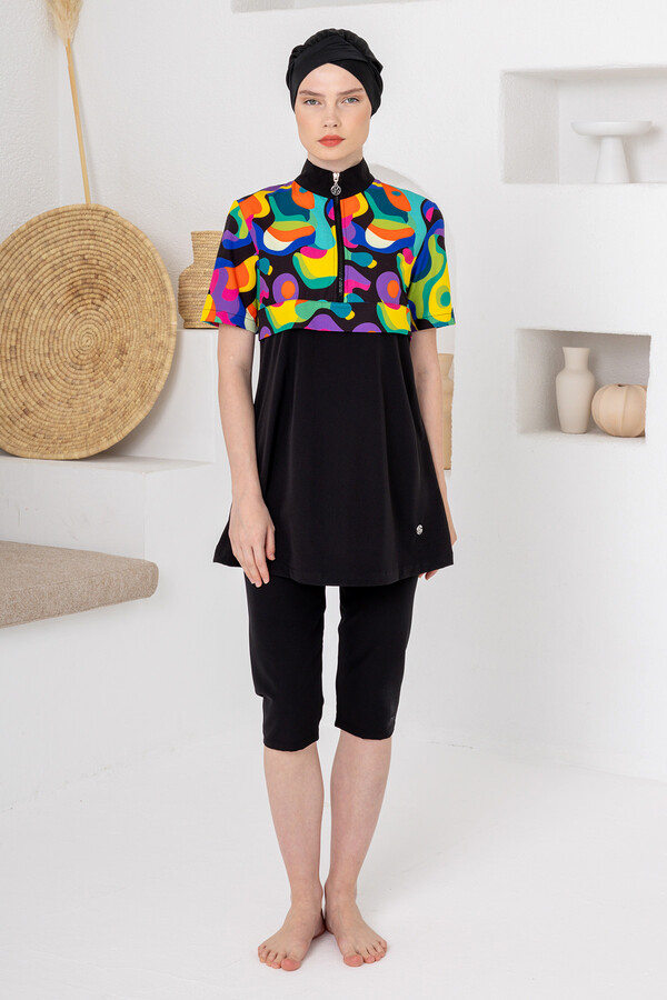 Black Lycra Short Sleeve Semi-Covered Modest Swimsuit Set 1609 - Thumbnail