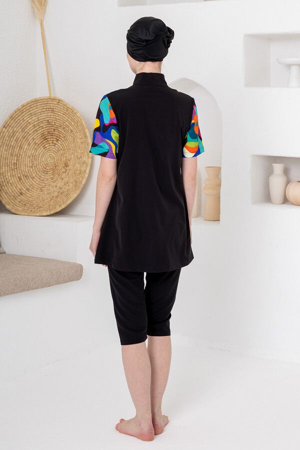 Black Lycra Short Sleeve Semi-Covered Modest Swimsuit Set 1609 - Thumbnail