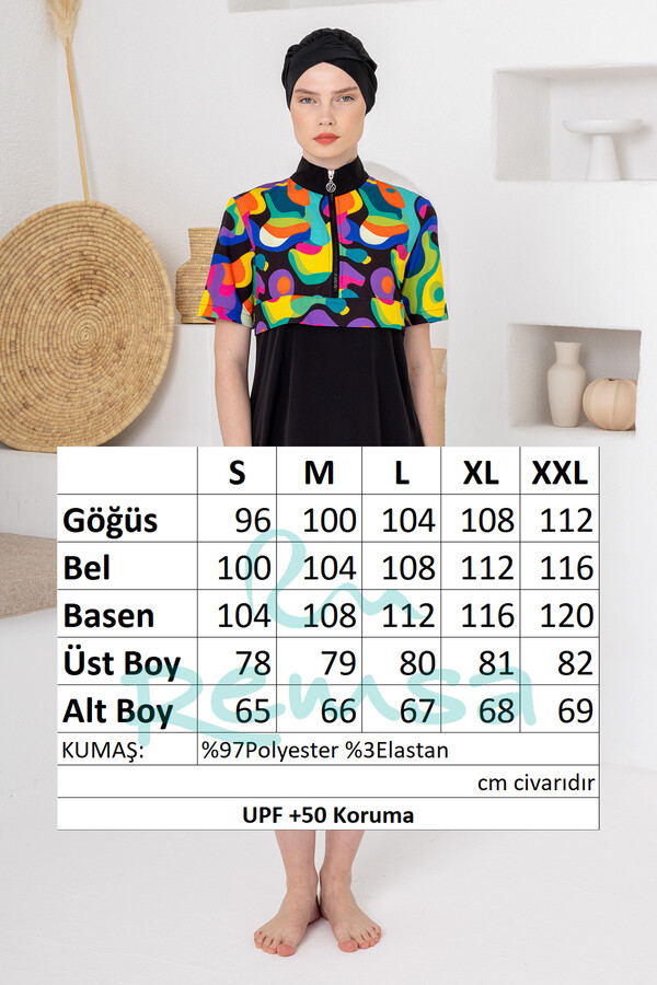 Black Lycra Short Sleeve Semi-Covered Modest Swimsuit Set 1609 - Thumbnail