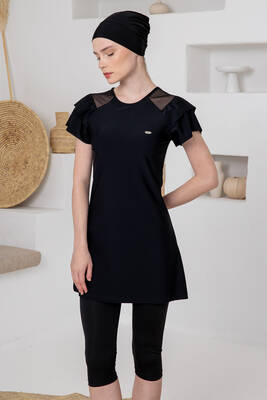 Adasea - Black Modest Swimwear Set with Frill and Tulle Details