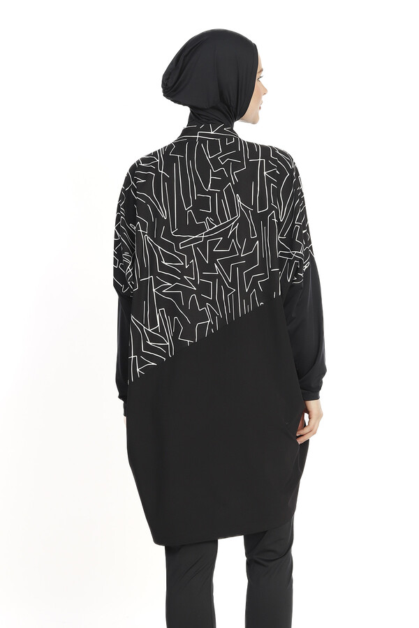 Black Patterned Four-Piece Modest Swimwear Set - Thumbnail