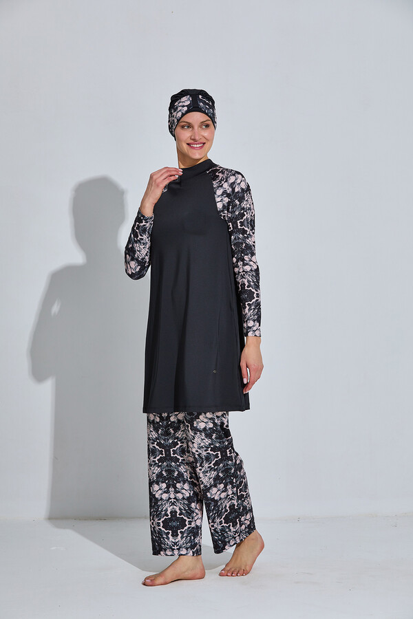 Black Patterned Full-Cover Swimwear Set - Thumbnail