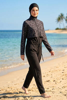Haliç Mayo - Black Patterned Full Coverage Modest Swimsuit Set with Long Sleeves