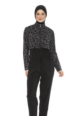 Haliç Mayo - Black Patterned Full Coverage Modest Swimsuit Set with Long Sleeves (1)