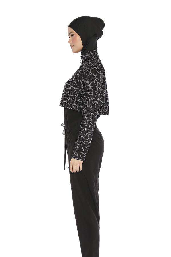 Black Patterned Full Coverage Modest Swimsuit Set with Long Sleeves - Thumbnail