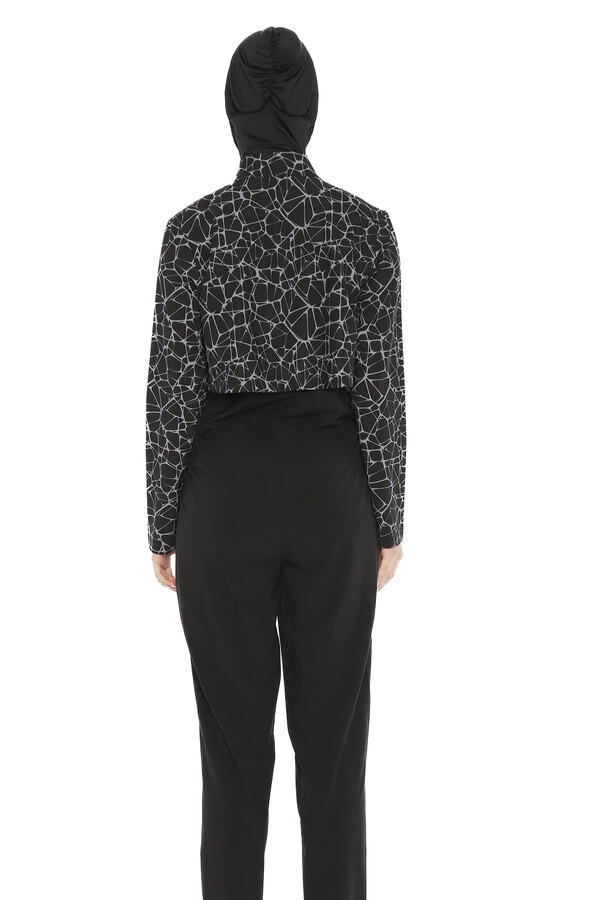 Black Patterned Full Coverage Modest Swimsuit Set with Long Sleeves - Thumbnail
