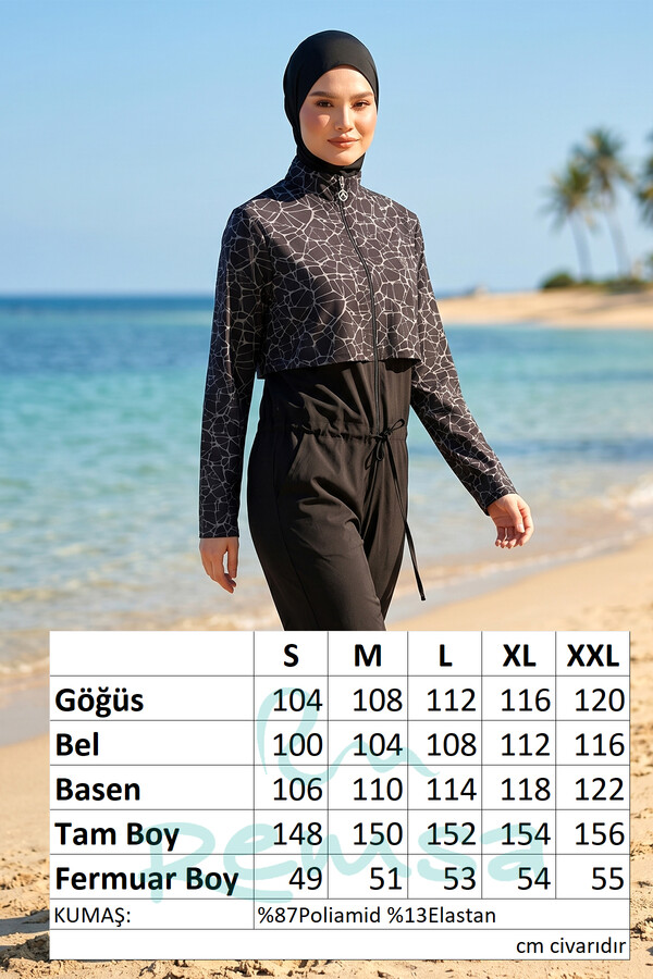 Black Patterned Full Coverage Modest Swimsuit Set with Long Sleeves - Thumbnail